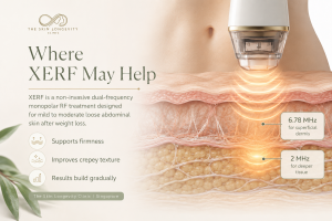 XERF dual-frequency monopolar radiofrequency illustration showing 6.78 MHz and 2 MHz energy delivered at different abdominal tissue depths.