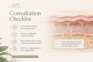 Consultation checklist for assessing loose abdominal skin, residual fat, radiofrequency suitability, treatment sessions and the need for surgical referral.
