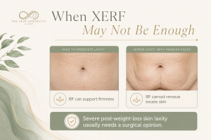 Comparison showing mild to moderate abdominal laxity suitable for radiofrequency assessment and severe excess skin requiring surgical evaluation.