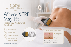 XERF dual-frequency radiofrequency treatment applied to mild to moderate post-pregnancy abdominal skin laxity.