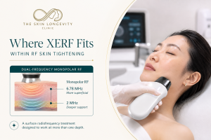Infographic showing XERF as a dual-frequency monopolar radiofrequency skin tightening treatment.