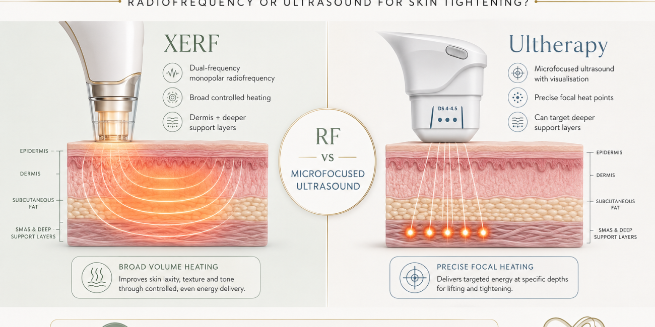 XERF and Ultherapy comparison showing radiofrequency heating, microfocused ultrasound, treatment depth and collagen remodelling.