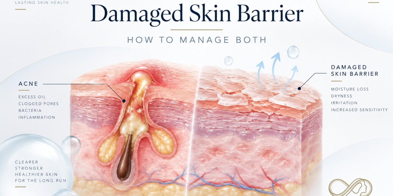 Acne and a damaged skin barrier: cross-section showing a clogged, inflamed follicle with excess oil and bacteria beside a damaged barrier with moisture loss, dryness, irritation and increased sensitivity