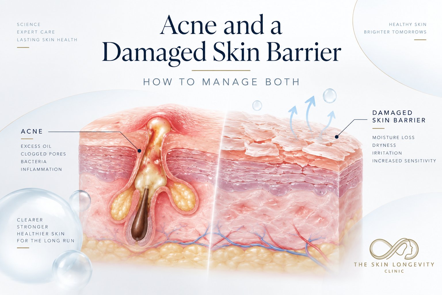 Acne and a damaged skin barrier: cross-section showing a clogged, inflamed follicle with excess oil and bacteria beside a damaged barrier with moisture loss, dryness, irritation and increased sensitivity