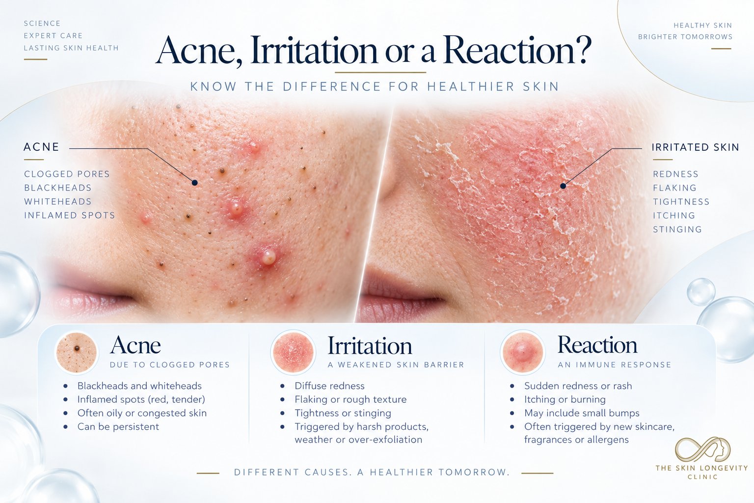 Acne, irritation or a reaction: acne with clogged pores, blackheads, whiteheads and inflamed spots compared with irritated skin showing redness, flaking, tightness, itching and stinging