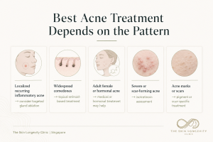 Infographic comparing treatment approaches for localised recurrent acne, comedonal acne, hormonal acne, severe acne and established acne marks or scars.