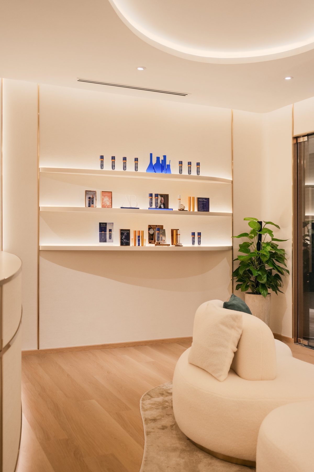 Skincare display in the reception of The Skin Longevity Clinic, aesthetic clinic in Orchard, Singapore