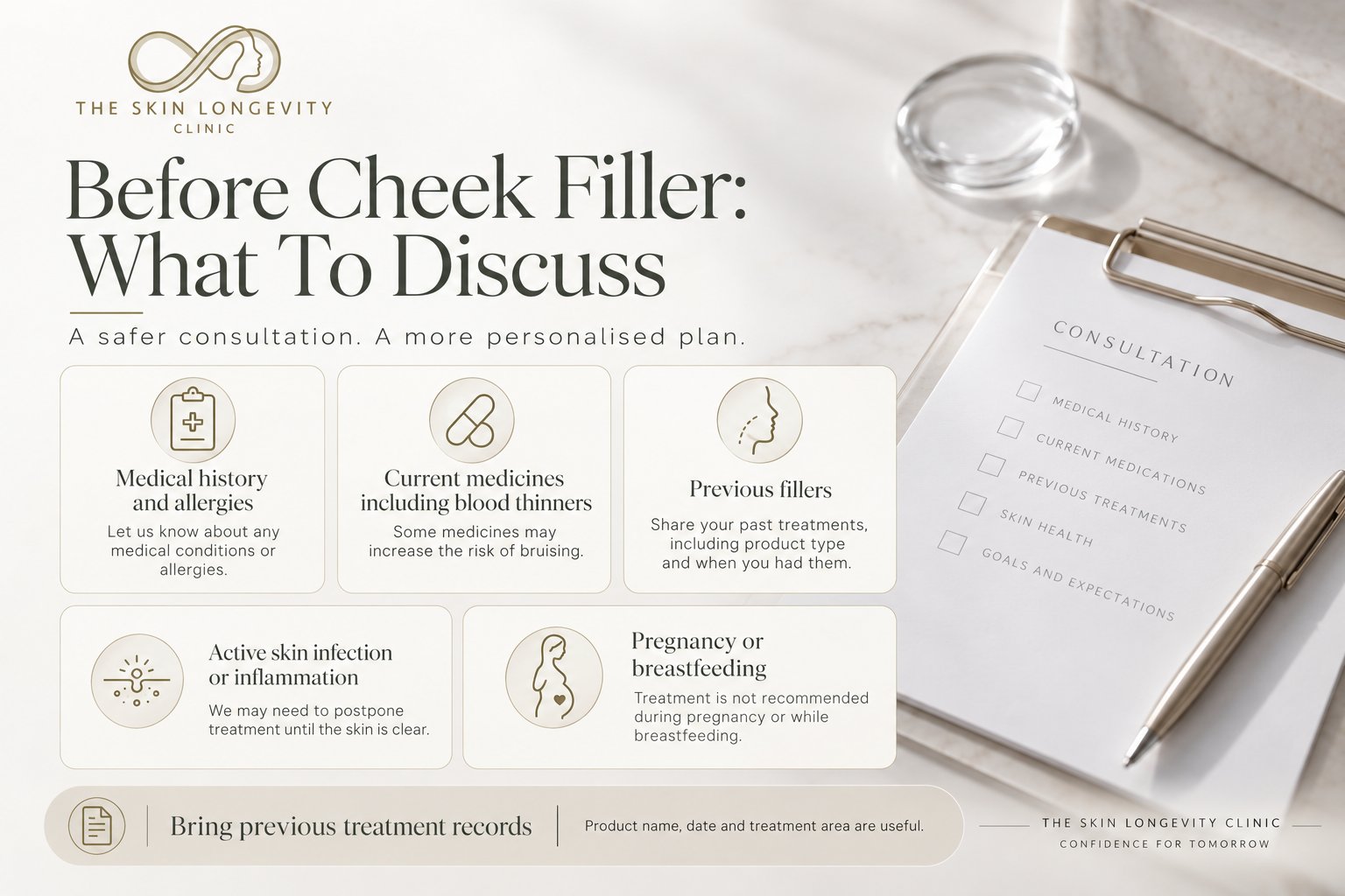 Before cheek filler: what to discuss at consultation – medical history and allergies, current medicines including blood thinners, previous fillers, active skin infection, pregnancy or breastfeeding