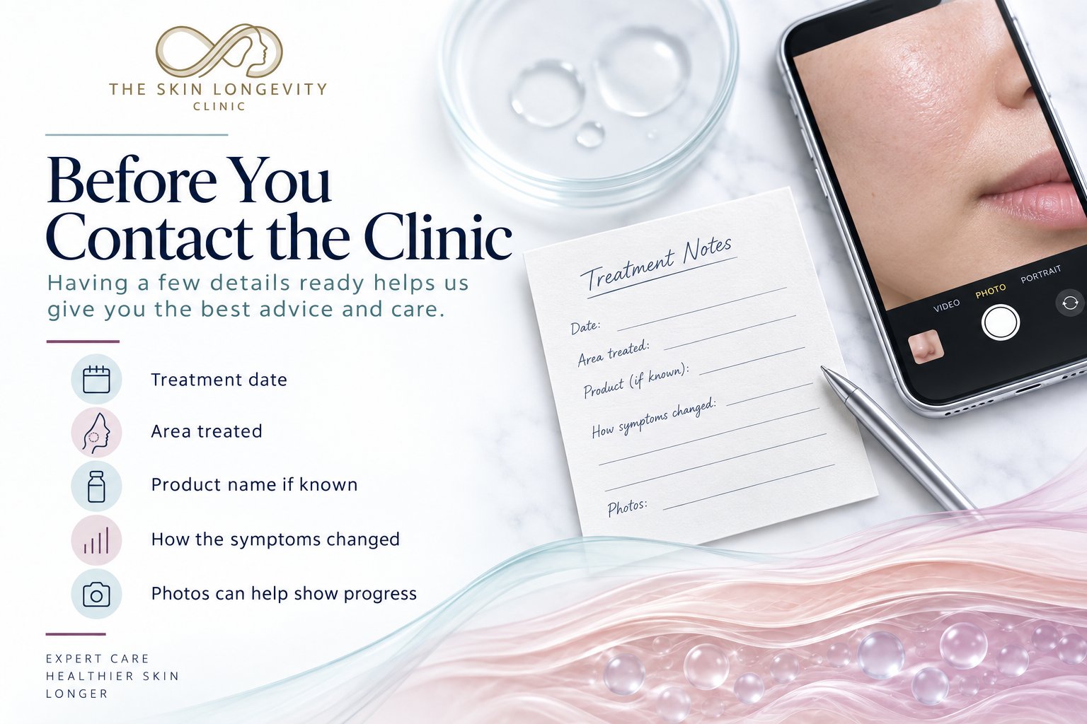Before contacting the clinic after PN injections: treatment date, area treated, product name if known, how the symptoms changed and photos showing progress