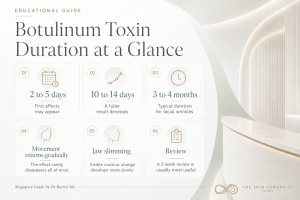 Quick guide to botulinum toxin onset, fuller effect, typical duration, gradual return of movement, jaw contour and review timing