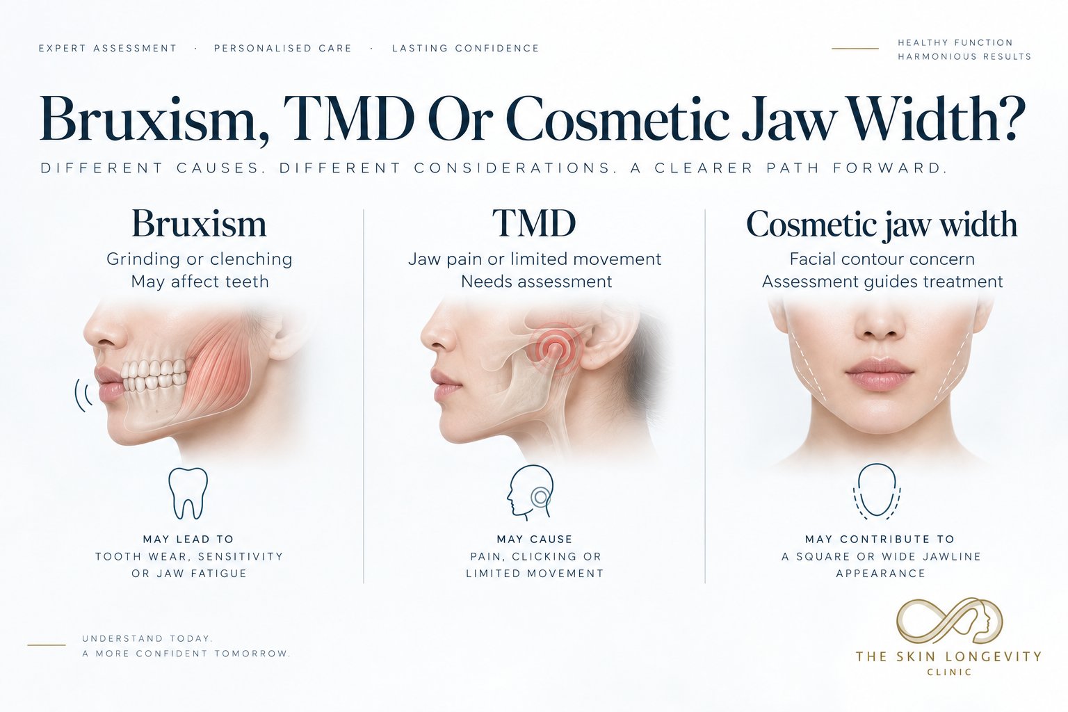 Bruxism, TMD or cosmetic jaw width: grinding or clenching that may affect teeth, jaw pain or limited movement needing assessment, or a facial contour concern