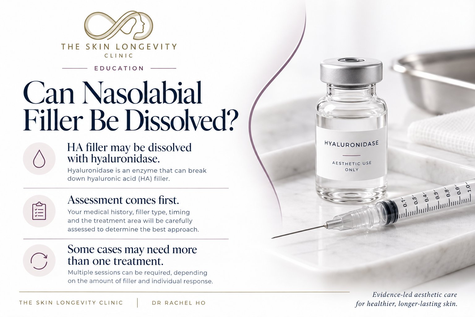 Can nasolabial filler be dissolved: hyaluronidase can break down hyaluronic acid filler, assessment comes first, and some cases need more than one treatment