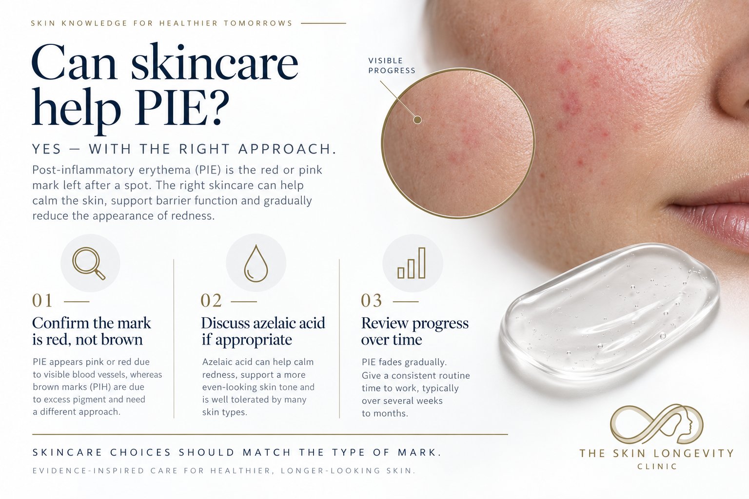 Can skincare help PIE red acne marks: confirm the mark is red not brown, discuss azelaic acid if appropriate, and review progress over several weeks to months