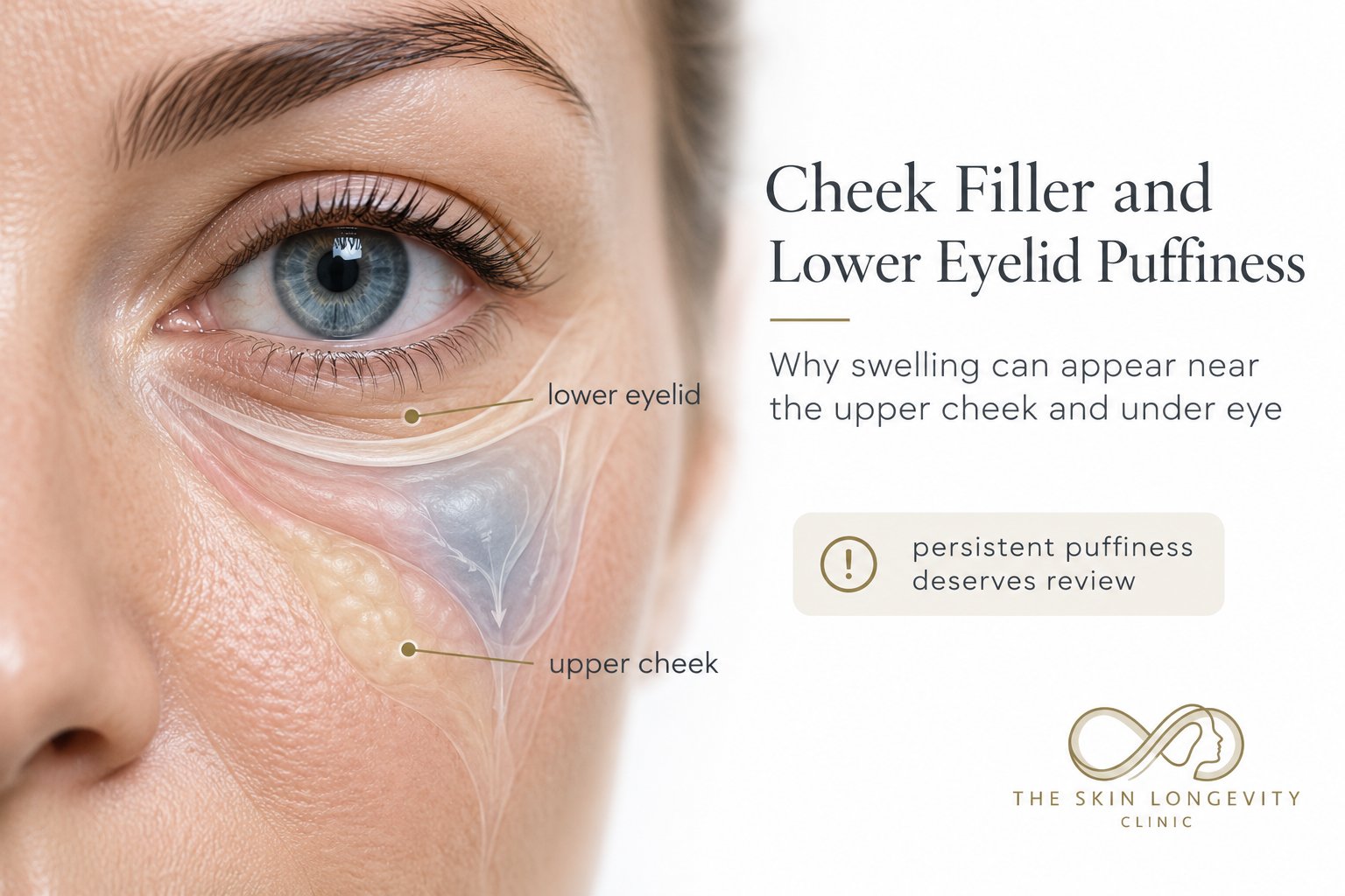 Cheek filler and lower eyelid puffiness: diagram of the lower eyelid and upper cheek showing why swelling can appear near the under-eye area after cheek filler