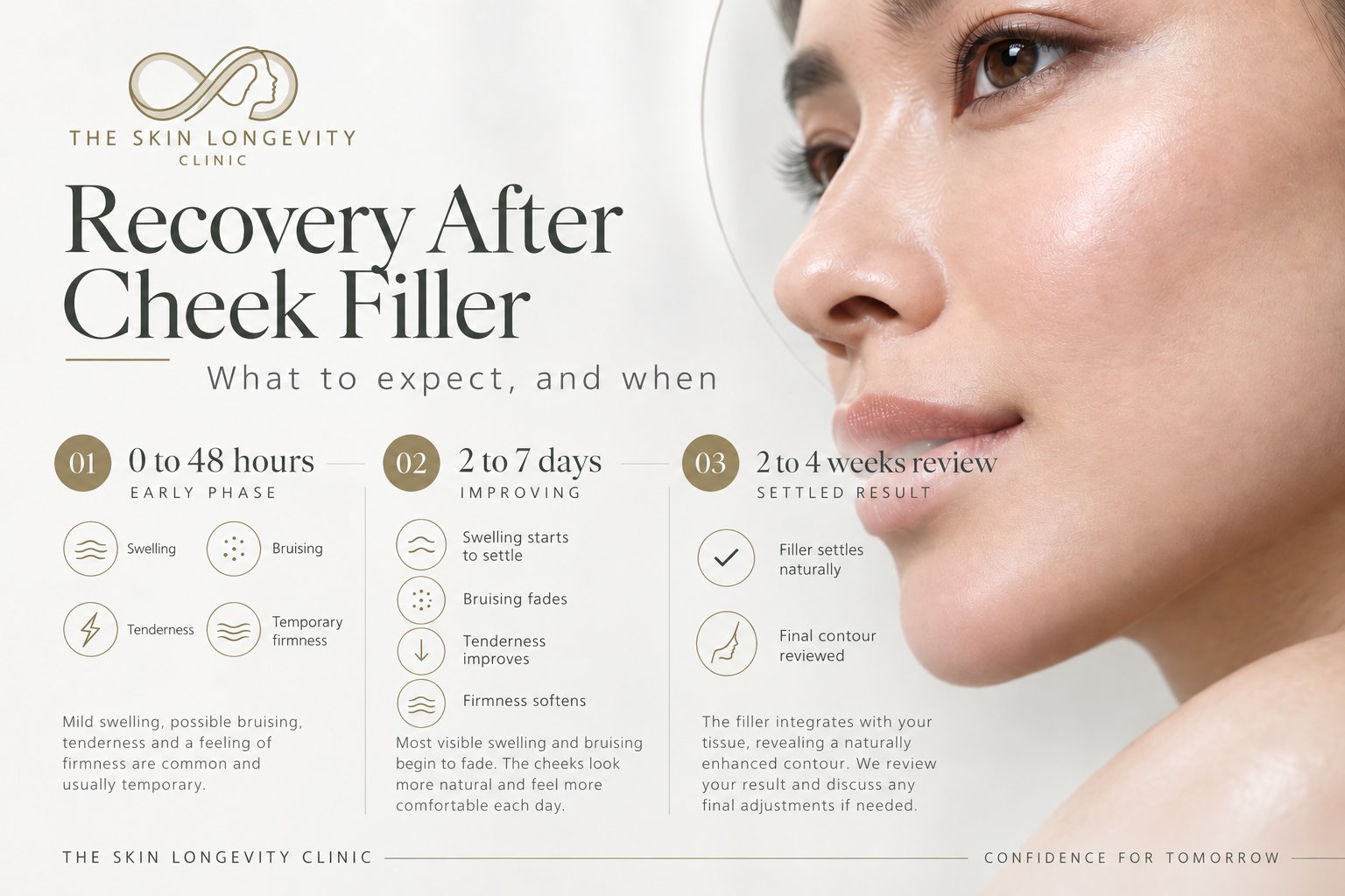 Cheek filler recovery timeline: swelling, bruising, tenderness and temporary firmness in the first 48 hours, improving over 2 to 7 days, settled result reviewed at 2 to 4 weeks