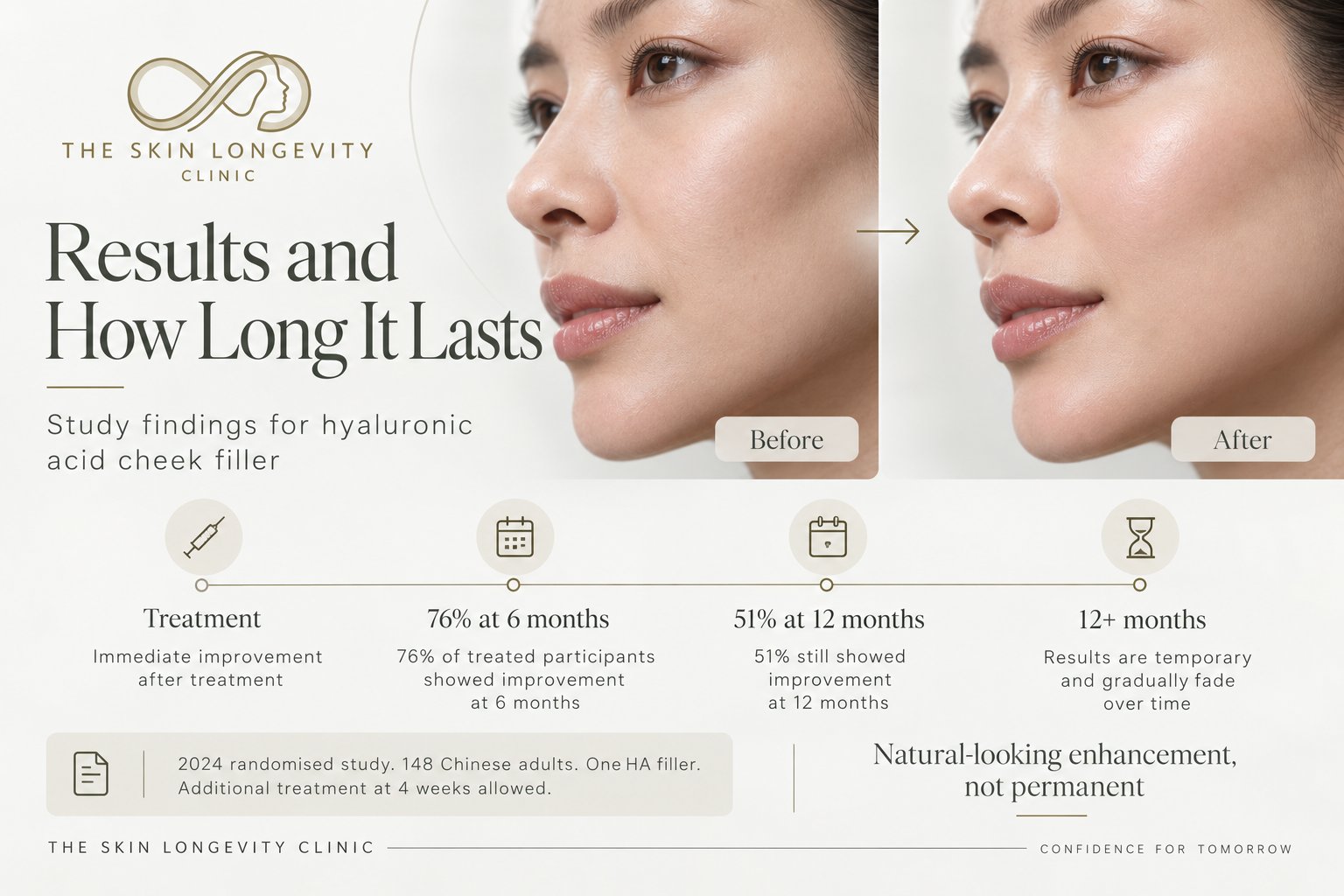 Cheek filler results and how long they last: 76% of participants improved at 6 months and 51% at 12 months in a 2024 randomised study of hyaluronic acid cheek filler
