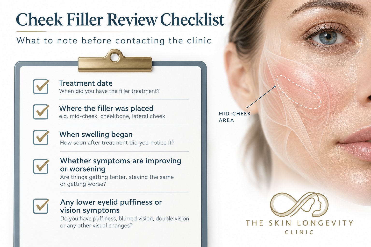 Cheek filler review checklist before contacting the clinic: treatment date, where the filler was placed, when swelling began, whether symptoms are improving or worsening, any lower eyelid puffiness or vision symptoms
