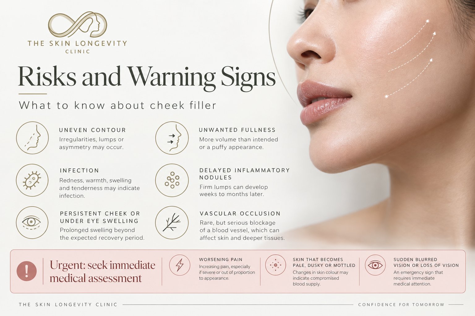 Cheek filler risks and warning signs: uneven contour, unwanted fullness, infection, delayed nodules, persistent under-eye swelling, vascular occlusion, and urgent symptoms – worsening pain, pale or mottled skin, vision changes