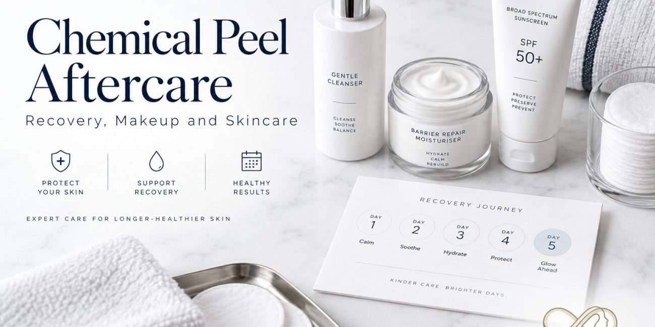 Chemical peel aftercare: recovery, makeup and skincare, with a gentle cleanser, barrier repair moisturiser and broad spectrum sunscreen