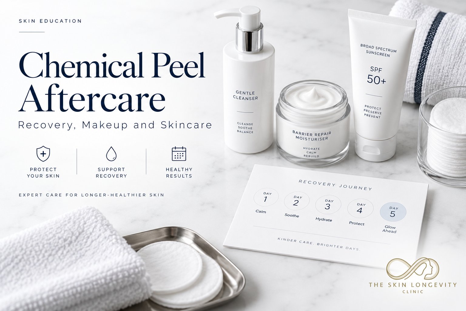 Chemical peel aftercare: recovery, makeup and skincare, with a gentle cleanser, barrier repair moisturiser and broad spectrum sunscreen