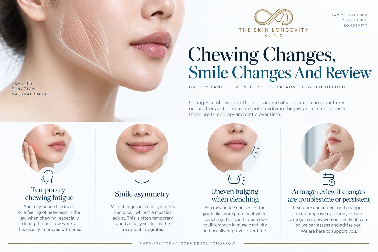 Chewing changes, smile changes and review after masseter treatment: temporary chewing fatigue, smile asymmetry, uneven bulging when clenching, and arranging review if changes persist