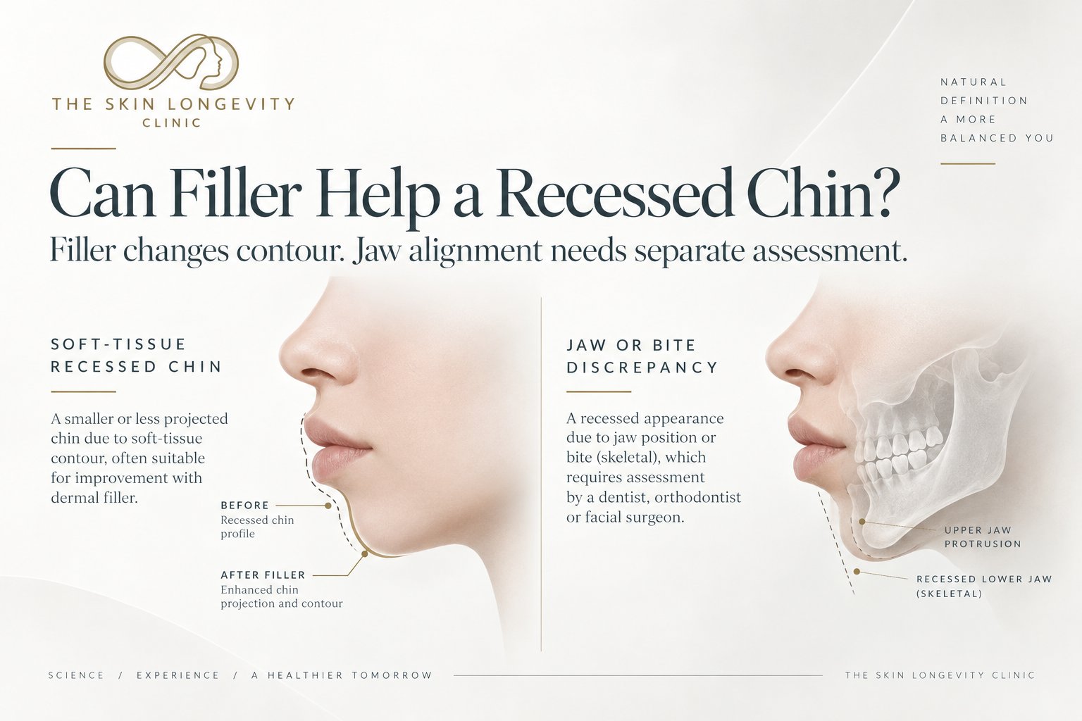 Can filler help a recessed chin: soft-tissue recessed chin suitable for chin filler compared with a skeletal jaw or bite discrepancy that needs separate assessment