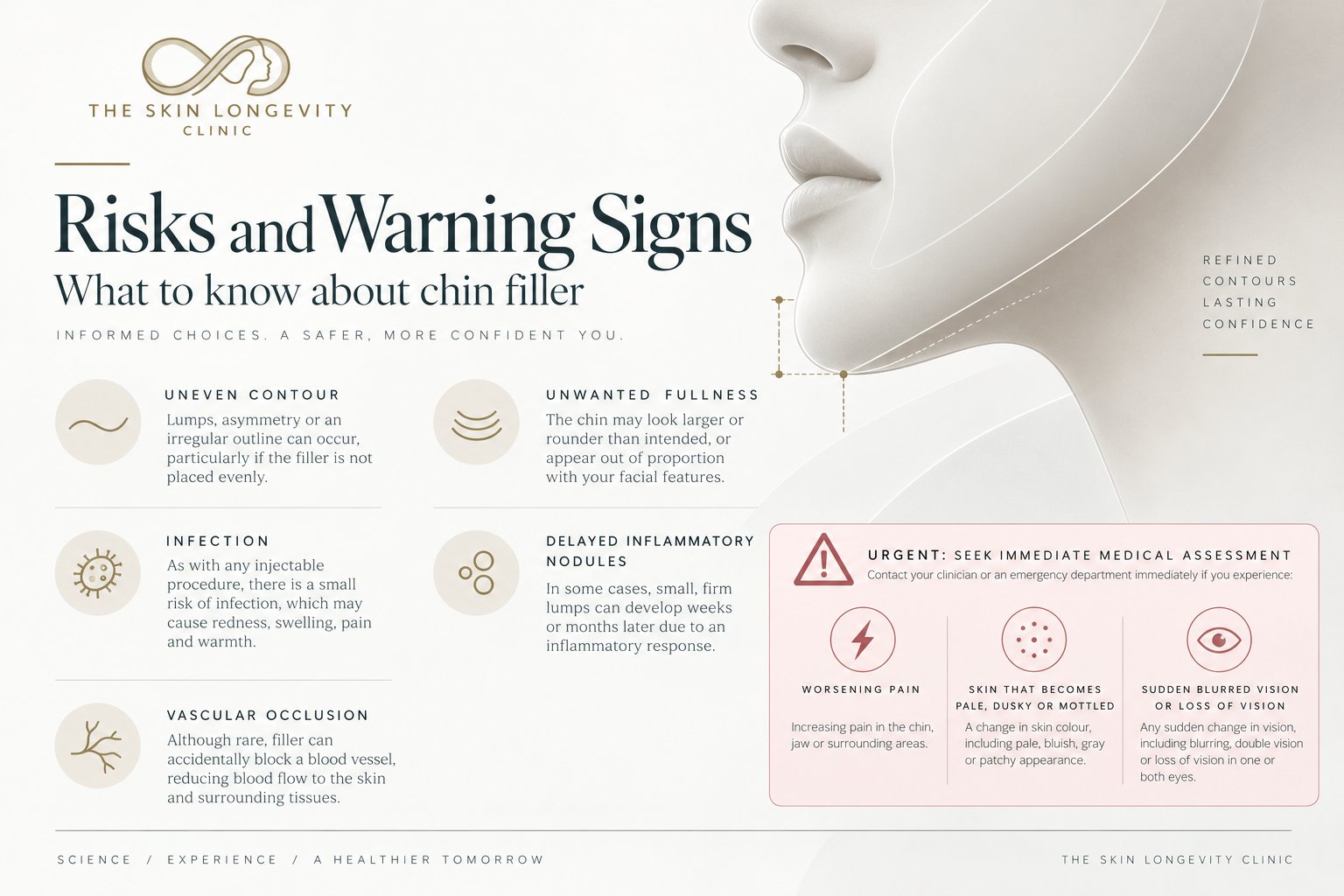 Chin filler risks and warning signs: uneven contour, unwanted fullness, infection, delayed nodules, vascular occlusion, and urgent symptoms – worsening pain, pale or mottled skin, vision changes