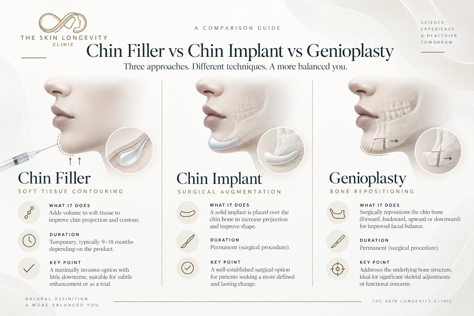 Chin filler vs chin implant vs genioplasty comparison: soft-tissue contouring with temporary filler, surgical implant augmentation, and bone repositioning