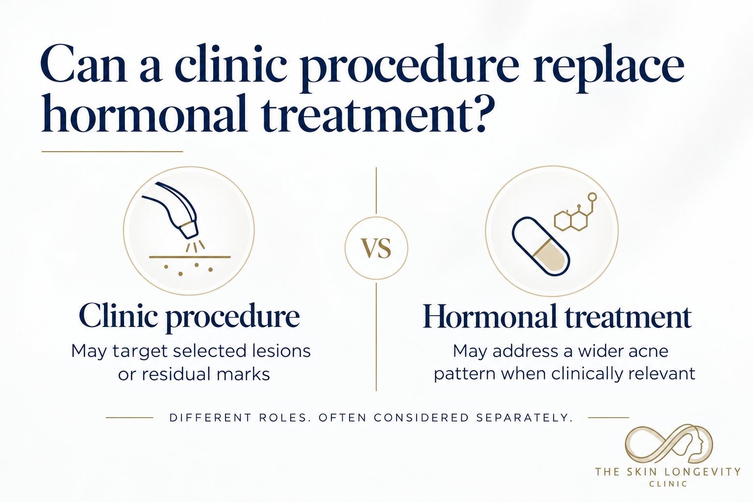 Clinic procedure versus hormonal treatment for hormonal acne: procedures may target selected lesions or residual marks while hormonal treatment may address a wider acne pattern