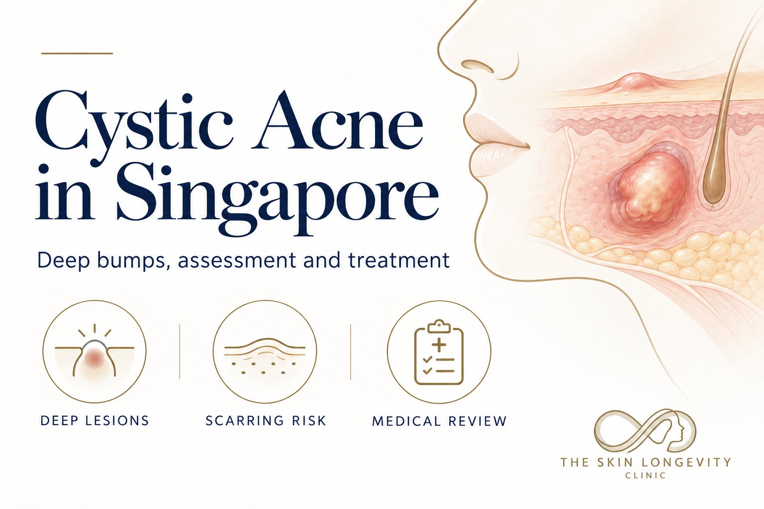 Cystic acne in Singapore infographic: deep bumps, assessment and treatment, showing deep lesions, scarring risk and medical review