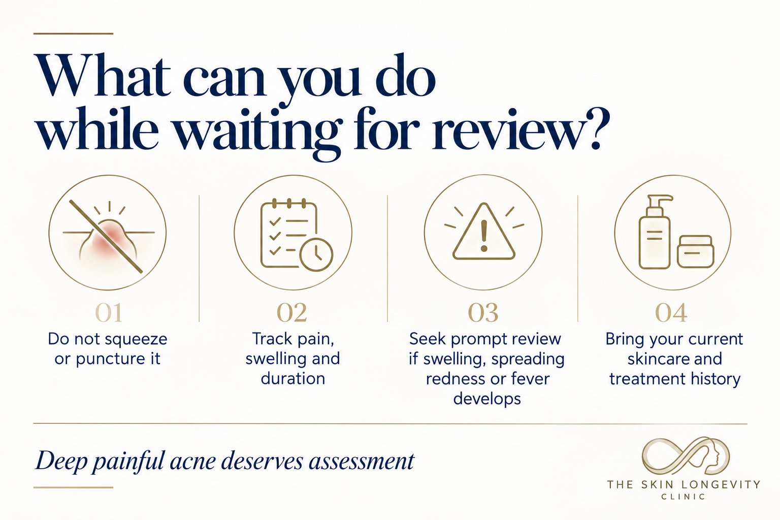 What to do while waiting for cystic acne review: do not squeeze or puncture, track pain, swelling and duration, seek prompt review if swelling, spreading redness or fever develops, bring your skincare and treatment history