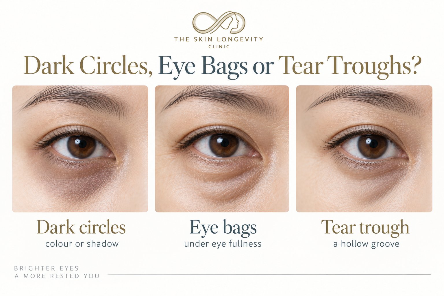 Dark circles, eye bags or tear troughs: colour or shadow, under eye fullness, or a hollow groove