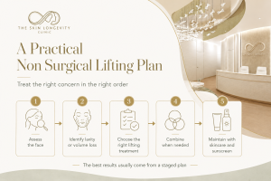 Five step doctor led facial lifting sequence from assessment and diagnosis to treatment, combination planning and maintenance