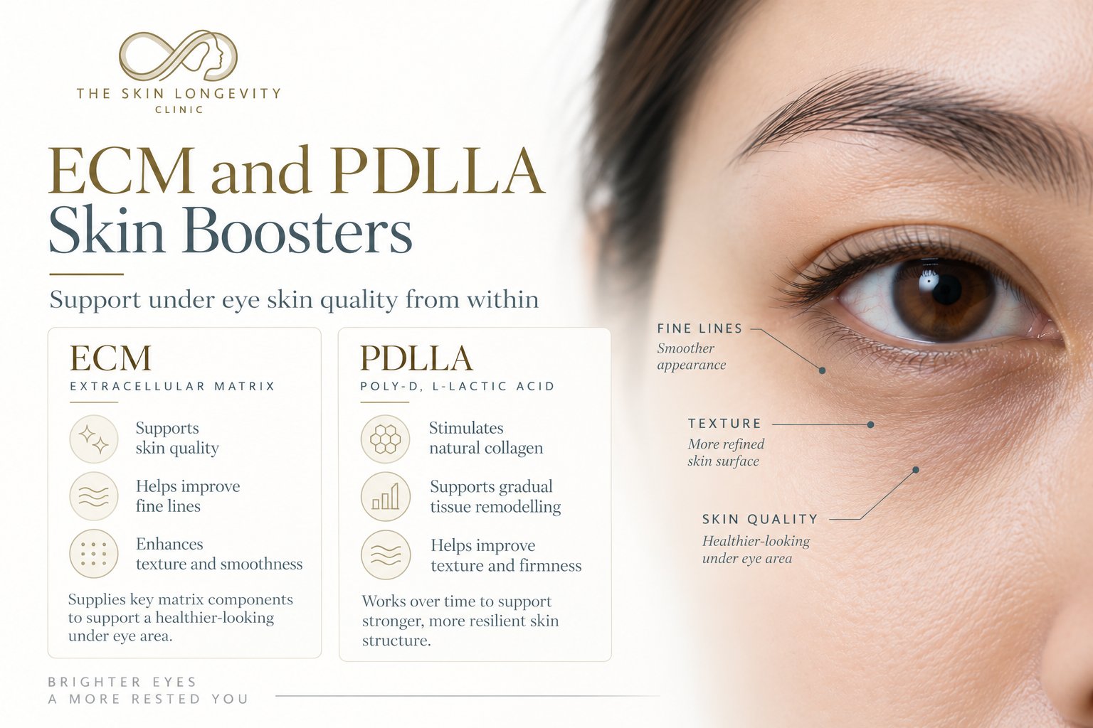 ECM and PDLLA skin boosters to support under eye skin quality, fine lines and texture