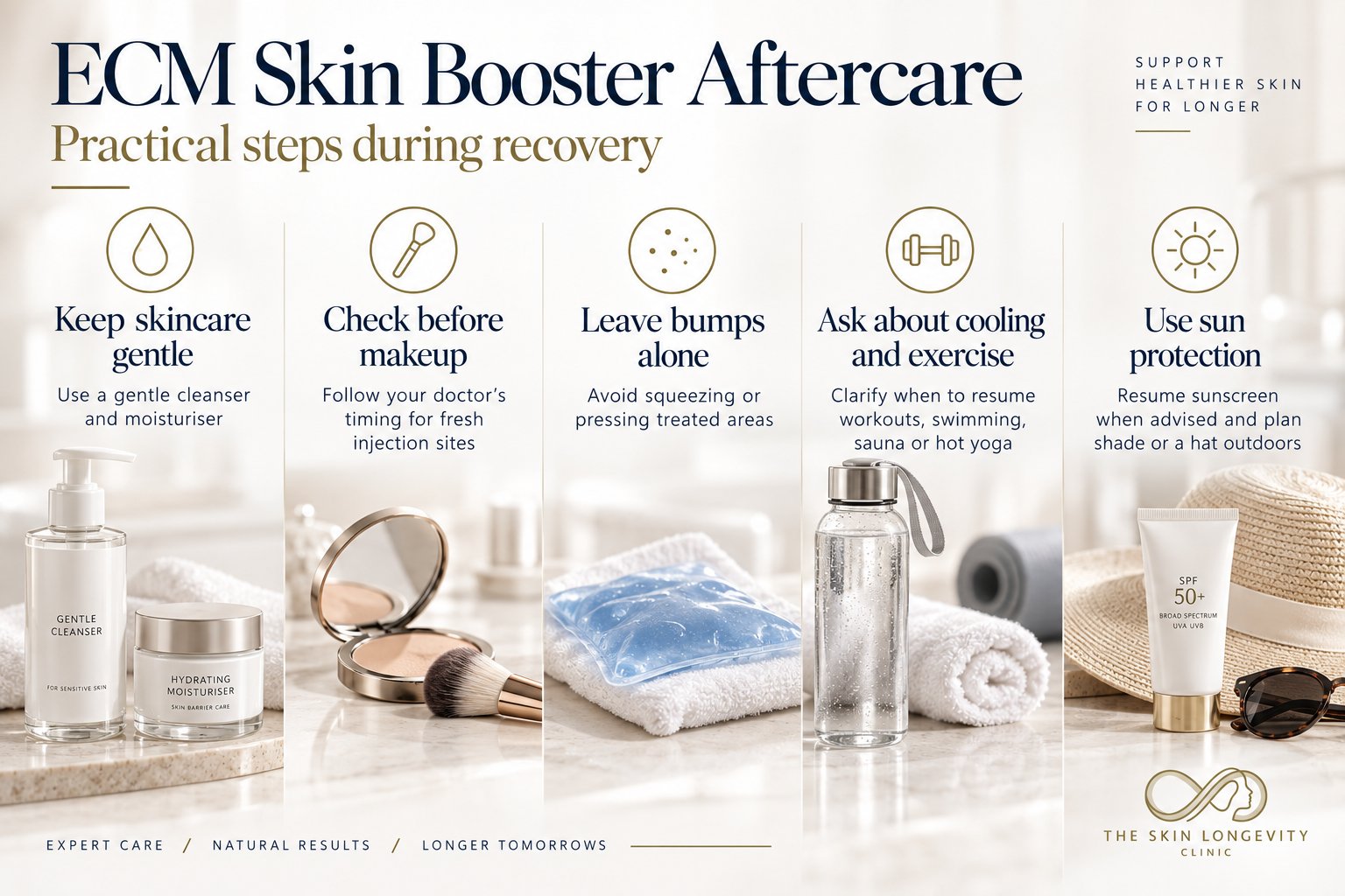 ECM skin booster aftercare: keep skincare gentle, check before makeup, leave bumps alone, ask about cooling and exercise, and use sun protection