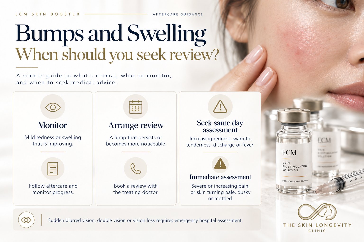 ECM skin booster bumps and swelling: monitor mild redness that is improving, arrange review for a persistent lump, and seek same day assessment for increasing redness, warmth, discharge or fever