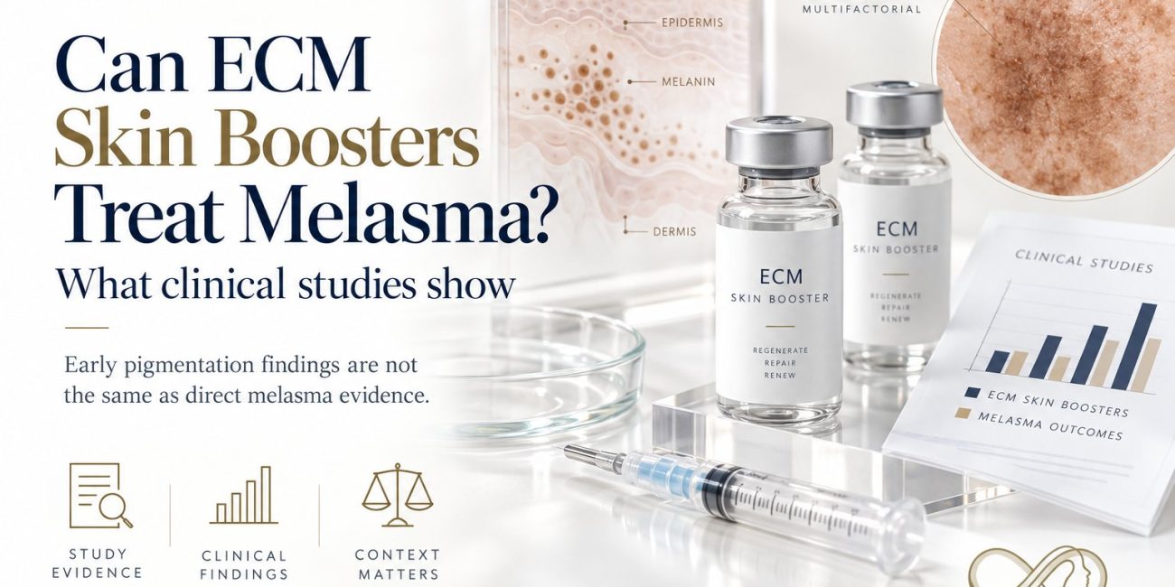 Can ECM skin boosters treat melasma: ECM skin booster vials beside a skin cross-section showing epidermis, melanin and dermis, a melasma close-up and a clinical studies chart