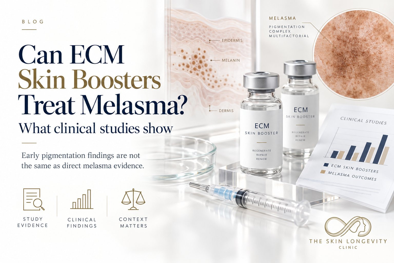 Can ECM skin boosters treat melasma: ECM skin booster vials beside a skin cross-section showing epidermis, melanin and dermis, a melasma close-up and a clinical studies chart