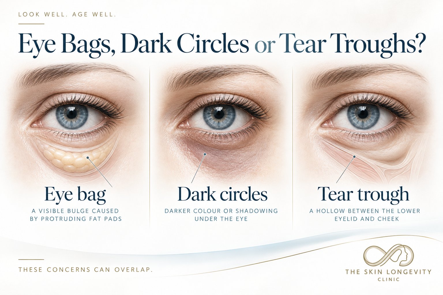 Eye bags, dark circles or tear troughs: a bulge from protruding fat pads, darker colour or shadowing, or a hollow between the lower eyelid and cheek