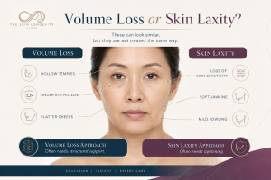 Hyperrealistic comparison of facial volume loss and skin laxity showing hollow temples and flatter cheeks versus a soft jawline and mild jowling