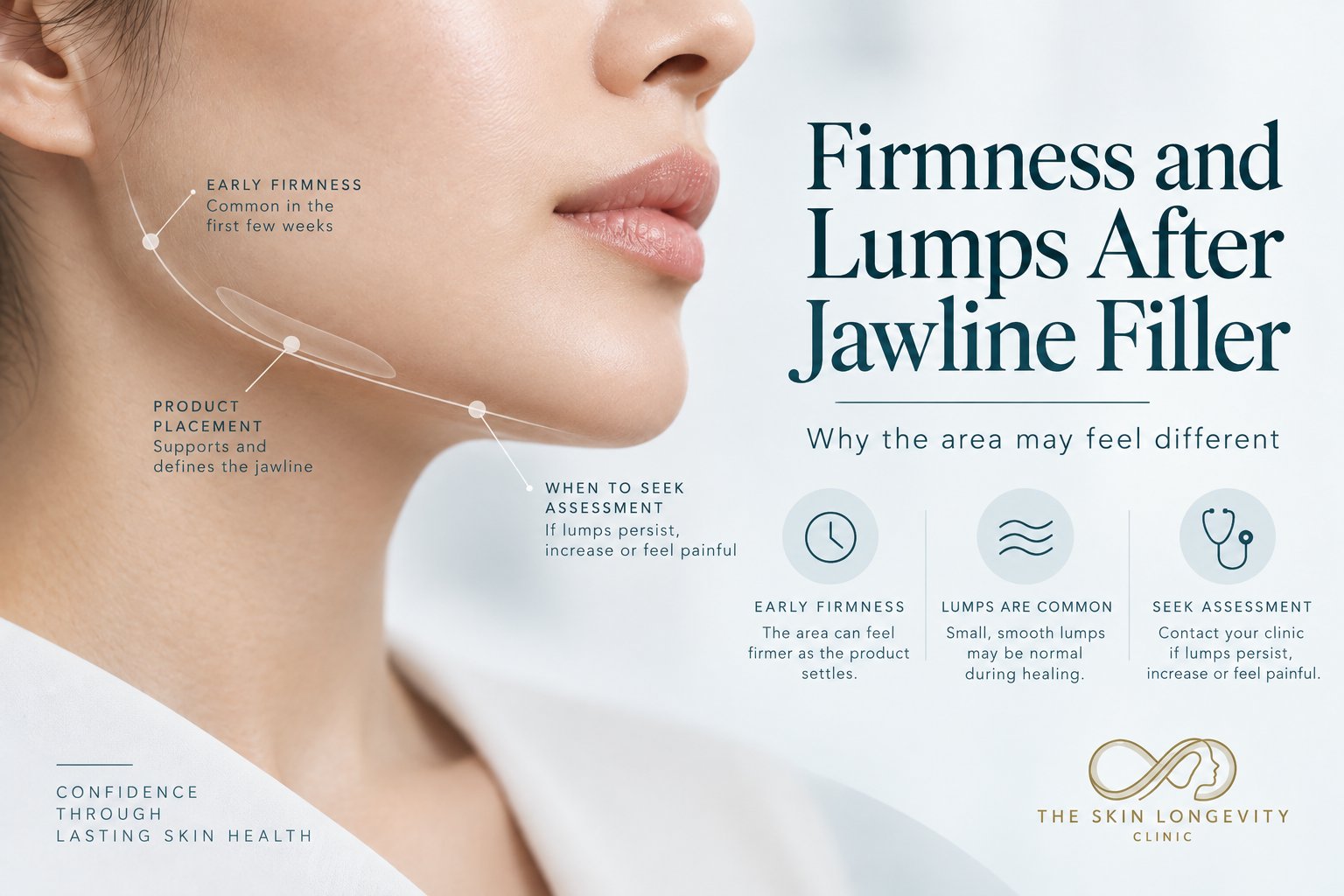Firmness and lumps after jawline filler: early firmness is common, small smooth lumps may settle, seek assessment if lumps persist, increase or feel painful