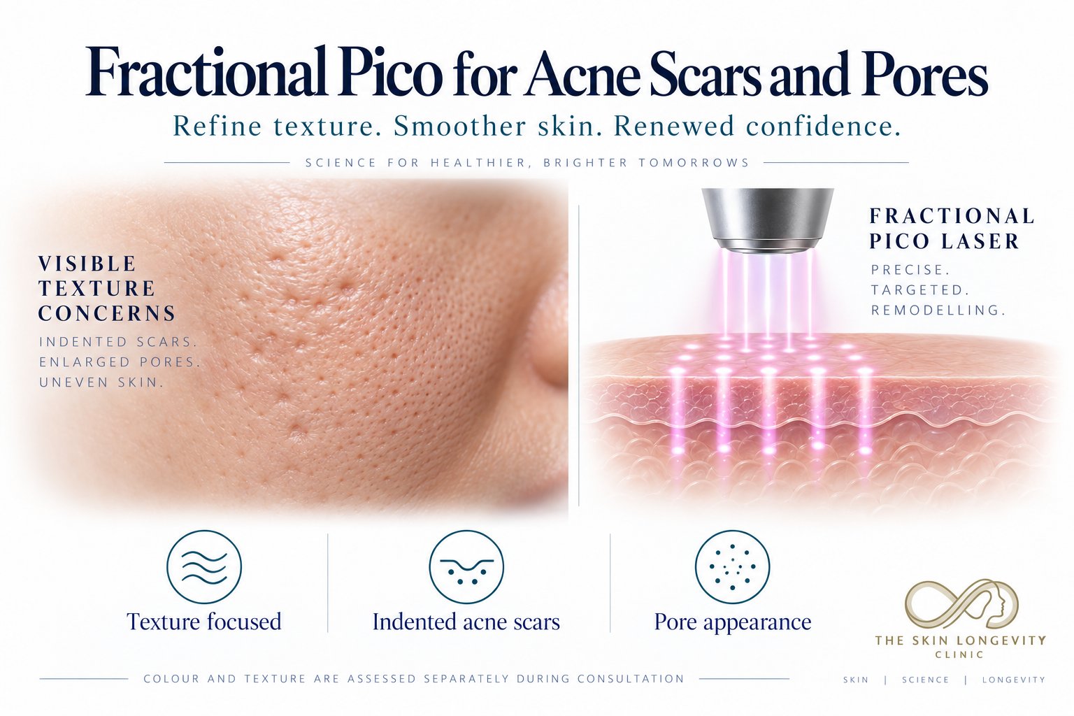Fractional pico laser for acne scars and pores: indented acne scars, enlarged pores and uneven texture, with colour and texture assessed separately