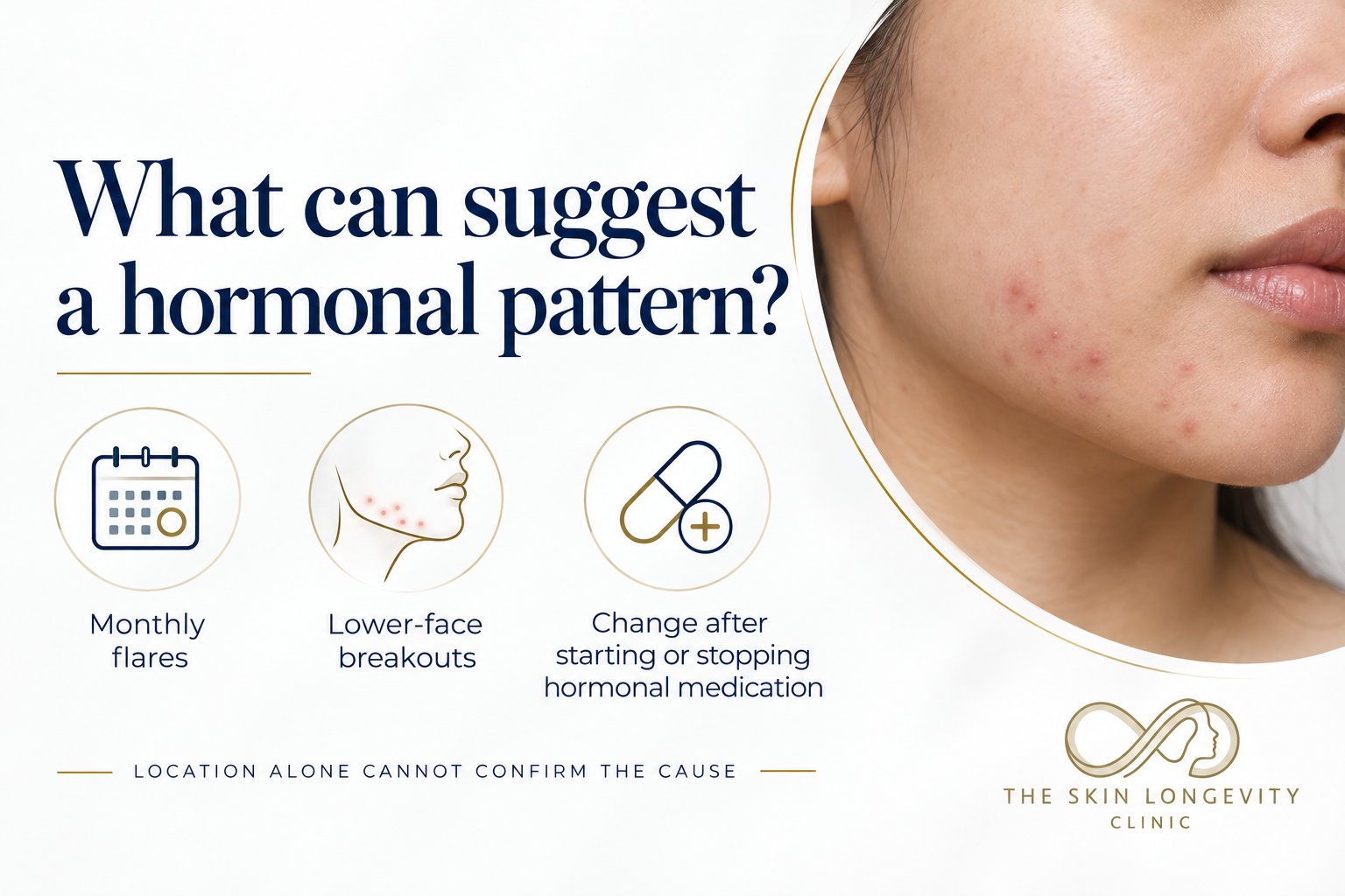 What can suggest a hormonal acne pattern: monthly flares, lower-face breakouts and change after starting or stopping hormonal medication; location alone cannot confirm the cause