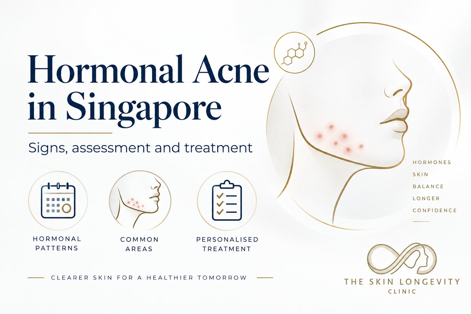 Hormonal acne in Singapore: signs, assessment and treatment infographic showing hormonal patterns, common lower-face areas and personalised treatment