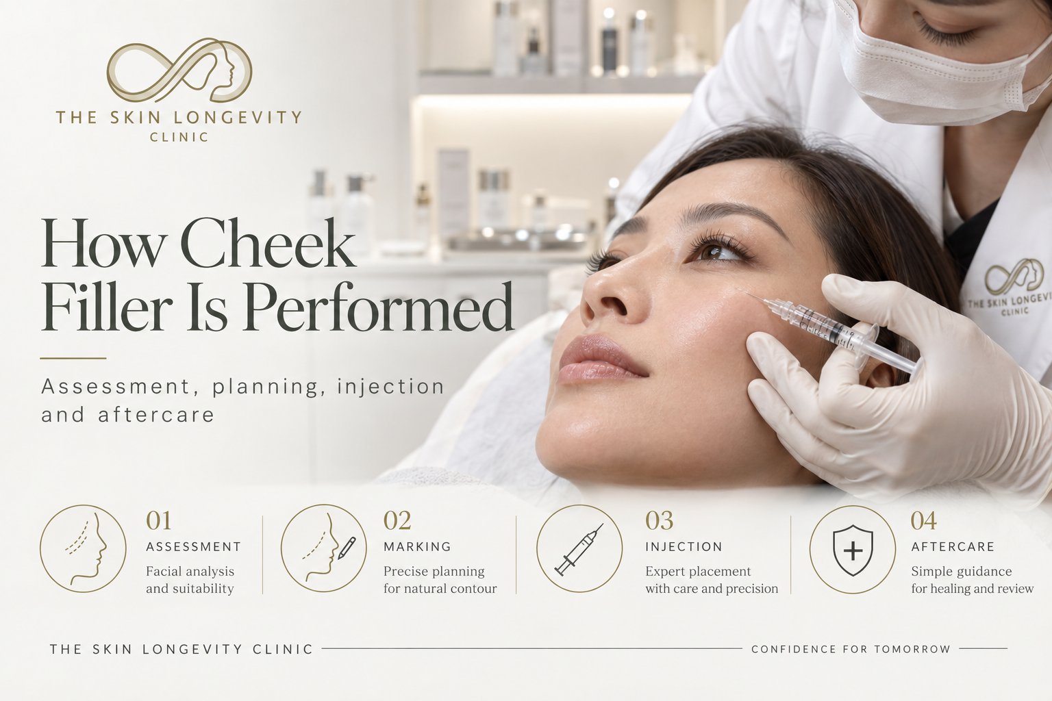 How cheek filler injections are performed in Singapore: assessment, marking, injection and aftercare, with a doctor injecting hyaluronic acid filler into the cheek