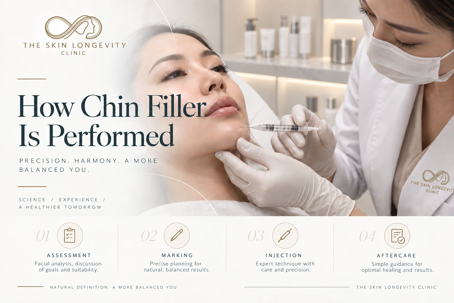 How chin filler injections are performed in Singapore: assessment, marking, injection and aftercare, with a doctor injecting hyaluronic acid filler into the chin
