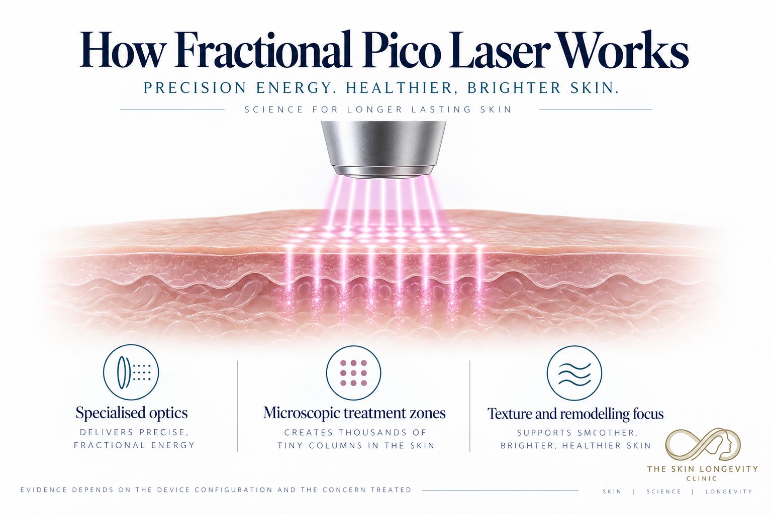 How fractional pico laser works: specialised optics deliver precise fractional energy, creating microscopic treatment zones for texture and remodelling