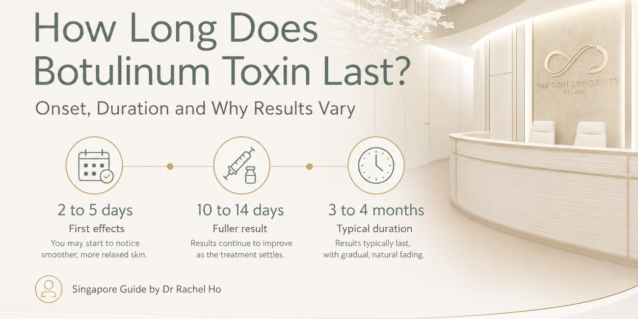 How long botulinum toxin lasts in Singapore, showing first effects at two to five days, fuller results at ten to fourteen days and typical duration of three to four months