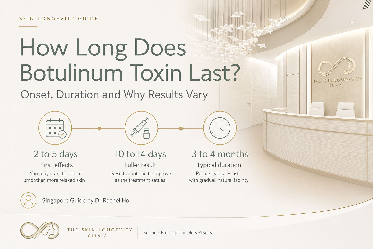 How long botulinum toxin lasts in Singapore, showing first effects at two to five days, fuller results at ten to fourteen days and typical duration of three to four months