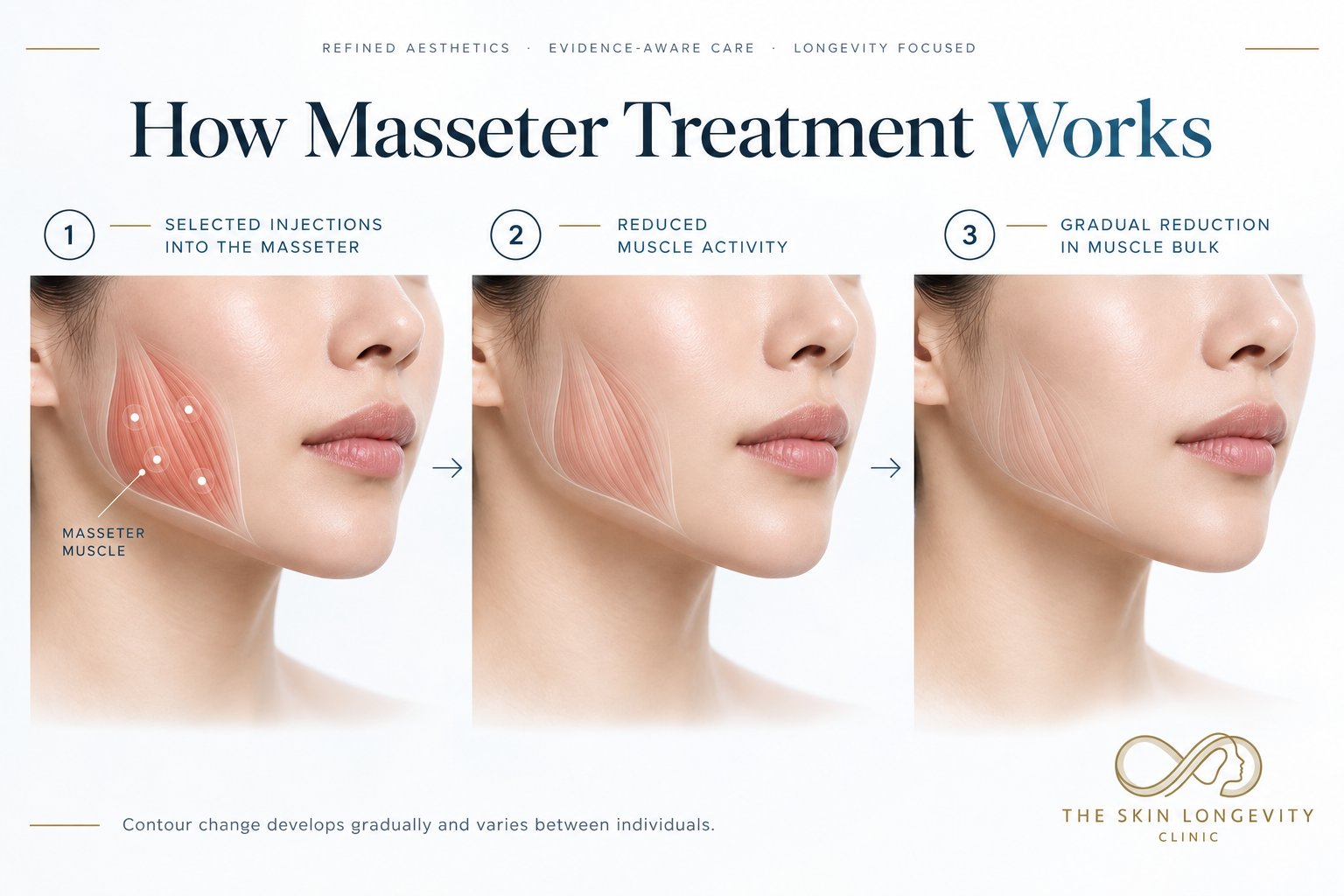 How masseter treatment works: selected injections into the masseter, reduced muscle activity, then gradual reduction in muscle bulk